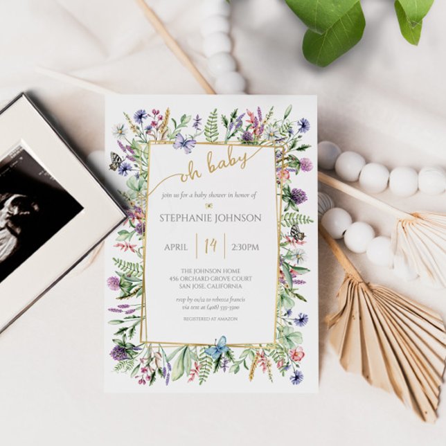 Invitation Oh Baby Fleur sauvage Garden Gold Frame Baby showe (Créateur téléchargé)