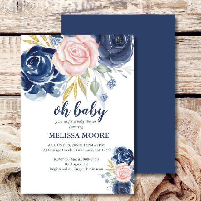 Invitation Oh Baby floral marine bleu et rose baby shower fil (Créateur téléchargé)