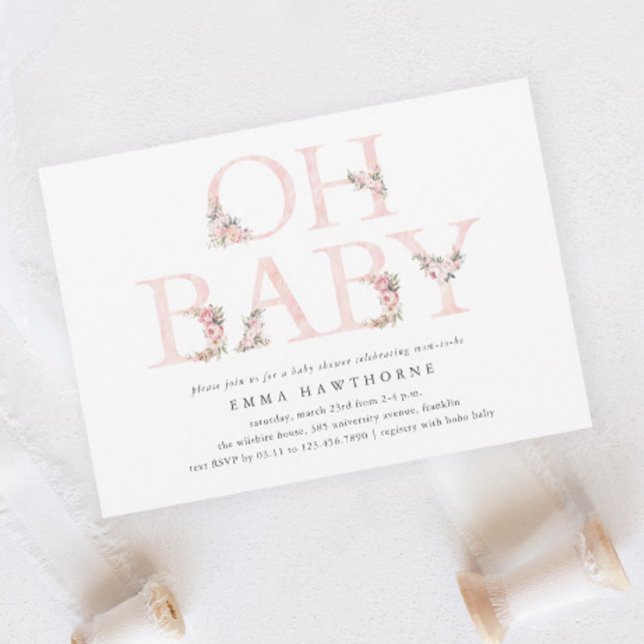 Invitation Oh Baby Floral Typographie Baby shower rose (Oh Baby Elegant Floral Typography Pink Girls Baby Shower Invitation.)
