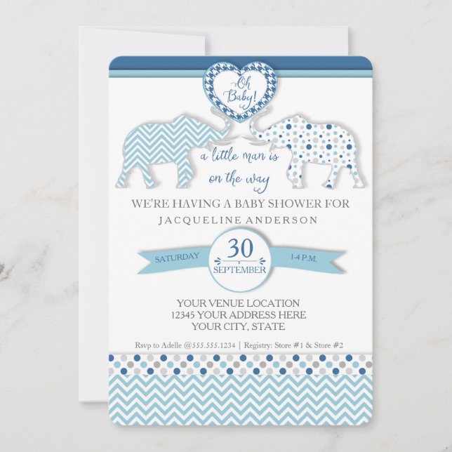 Invitation Oh Baby GARY Douche Coeur Eléphants Petit Homme (Devant)