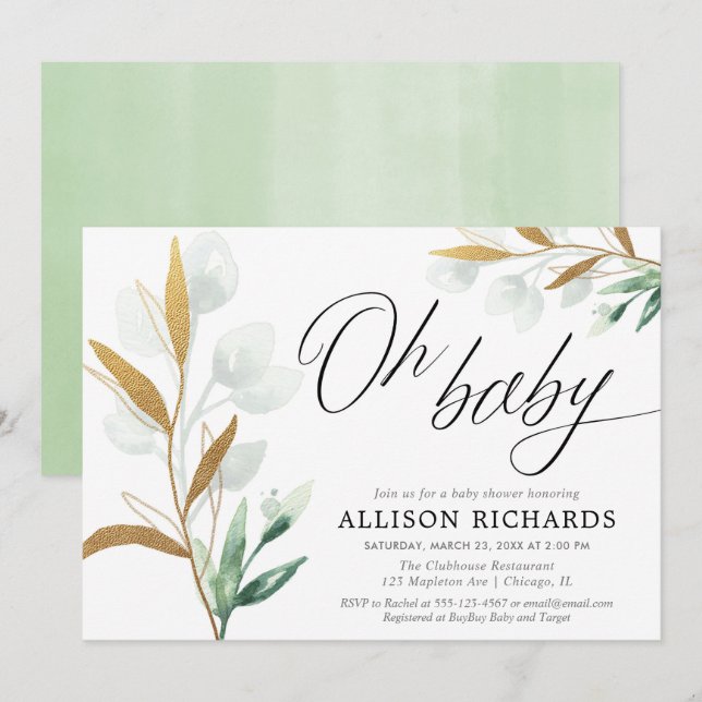 Invitation Oh Baby genre neutre baby shower or vert neutre (Devant / Derrière)