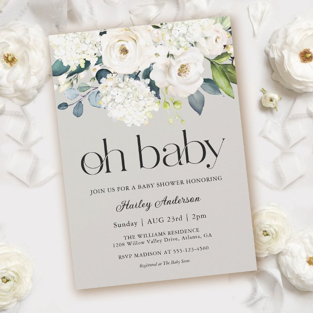 Invitation Oh Baby Genre Neutre Blanc Floral Baby shower (Créateur téléchargé)