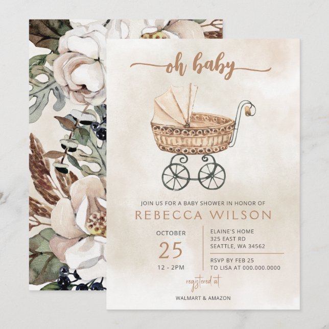 Invitation Oh Baby Genre Neutre Pram Baby shower Boho (Devant / Derrière)