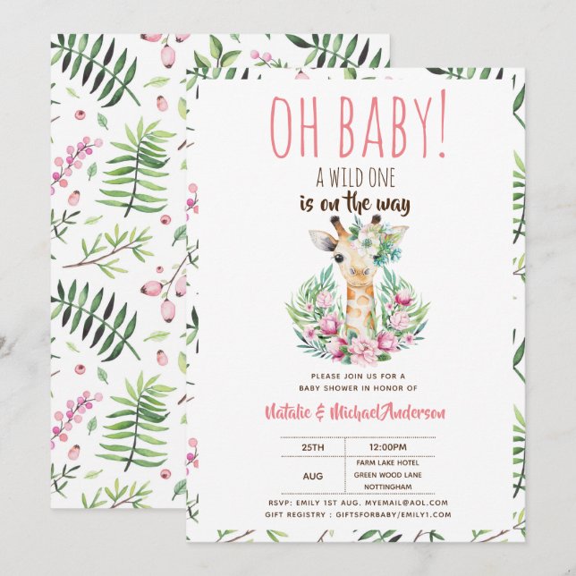 Invitation Oh Baby Giraffe A Wild One Safari Animal Floral (Devant / Derrière)