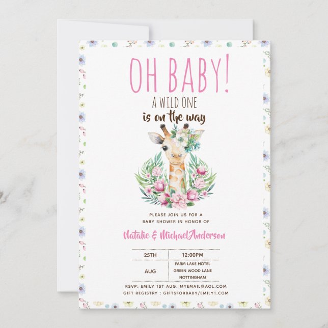 Invitation Oh Baby Giraffe A Wild One Safari Animal Floral (Devant)