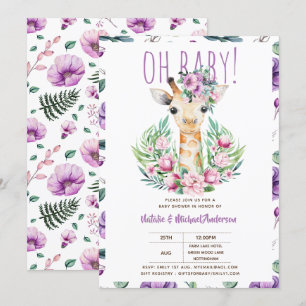 Invitation Oh Baby GIRAFFE avec Fleurs violettes Douche moder
