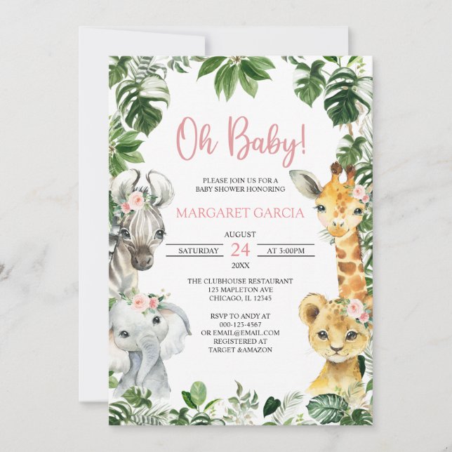 Invitation Oh Baby Girl Jungle Safari Animaux Baby shower (Devant)