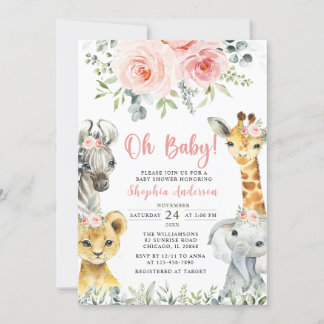 Invitation Oh Baby Girl Safari Animaux Baby shower