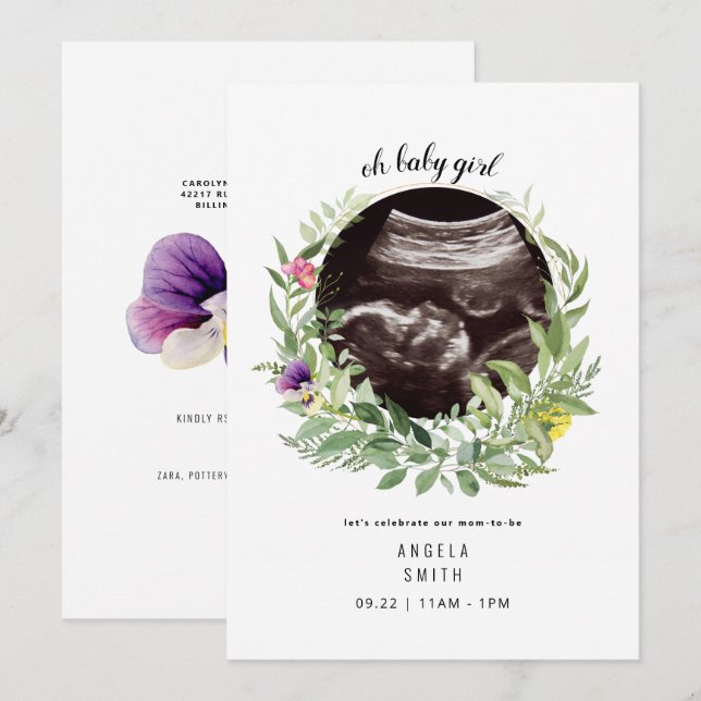 Invitation Oh Baby Girl Ultrasound Floral Douche (Devant / Derrière)