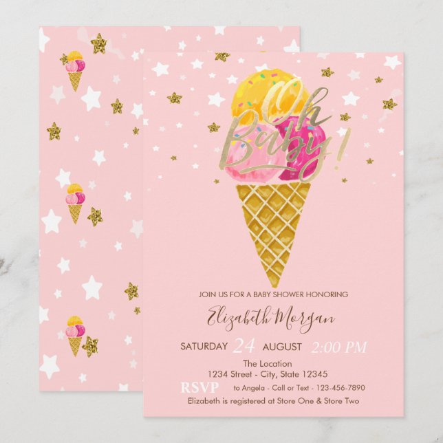 Invitation Oh Baby Glaces Crèmes Etoiles Baby shower (Devant / Derrière)