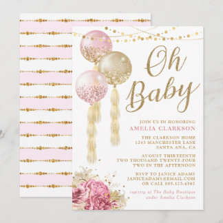Invitation Oh Baby Gold & Baby shower Ballons Rose