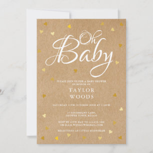 Invitation Oh Baby Gold Hearts Baby Shower Rustique Kraft Boh