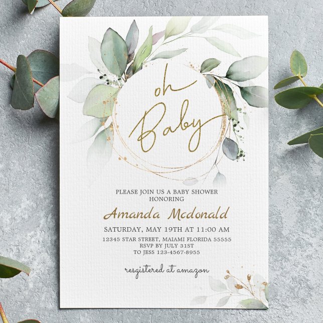 Invitation Oh Baby Green Foliage Or Eucalyptus Invitatio (Créateur téléchargé)