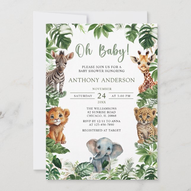 Invitation Oh Baby Green Jungle Safari Animaux Baby shower (Devant)