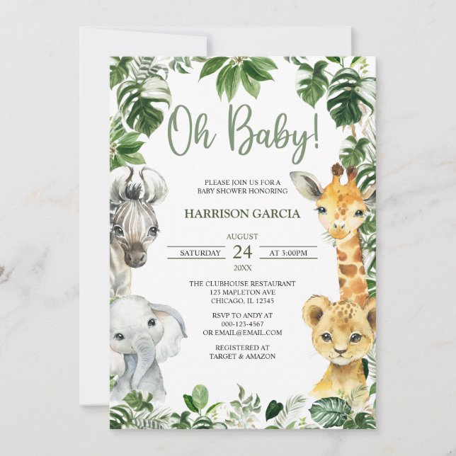 Invitation Oh Baby Green Jungle Safari Animaux Baby shower (Devant)