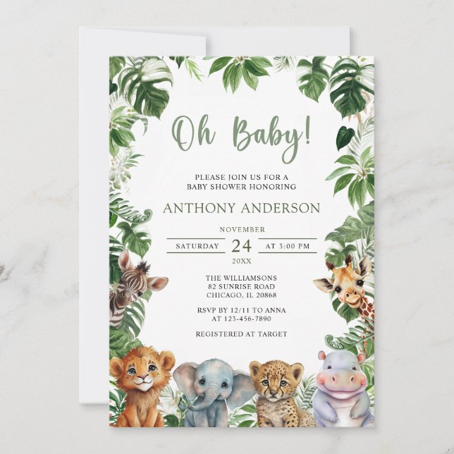 Invitation Oh Baby Green Jungle Safari Animaux Baby shower (Devant)