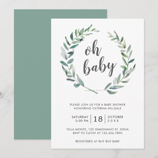 Invitation Oh Baby Green Wreath Genre Baby shower neutre (Devant / Derrière)
