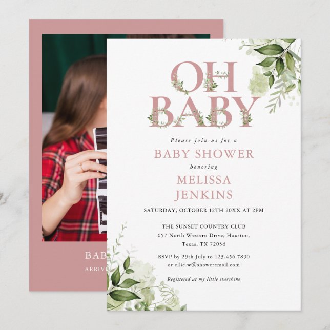 Invitation Oh Baby Greenery Dusty Rose Baby shower photo (Devant / Derrière)