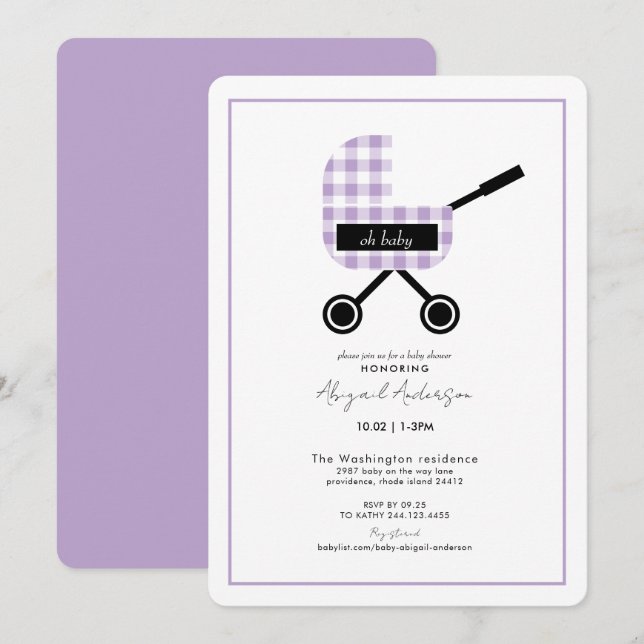 Invitation Oh Baby Lavender En vichy Baby shower Pram arrondi (Devant / Derrière)