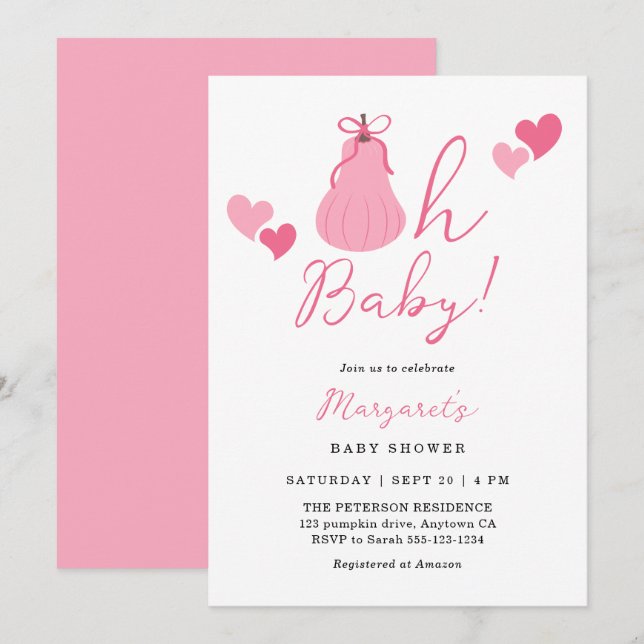 Invitation Oh Baby mignon Citrouille rose Bow Girl Baby showe (Devant / Derrière)