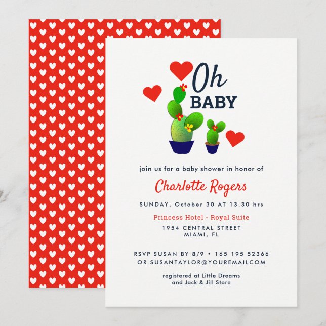 Invitation Oh Baby mignonne Baby shower Cactus (Devant / Derrière)