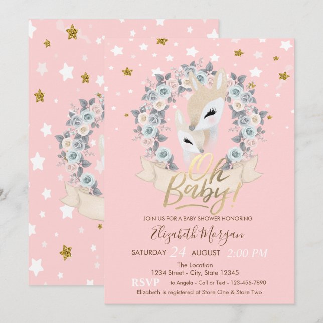 Invitation Oh Baby mignonne Bébé Cerf Gold Stars Baby shower (Devant / Derrière)