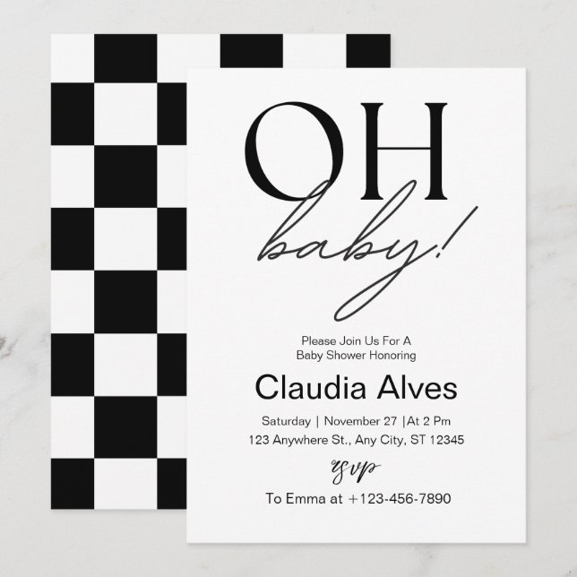 Invitation Oh Baby Modern Simple Baby shower Noir (Devant / Derrière)