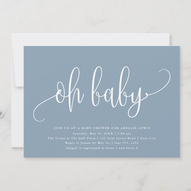 Invitation Oh Baby Moderne Calligraphie Baby shower bleu Dust (Devant)