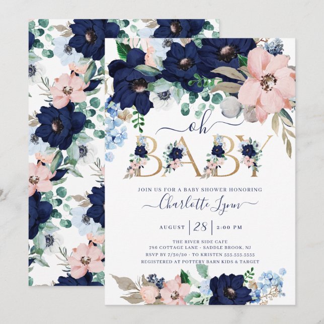 Invitation Oh Baby Navy Baby shower floral bleu et bleu (Devant / Derrière)