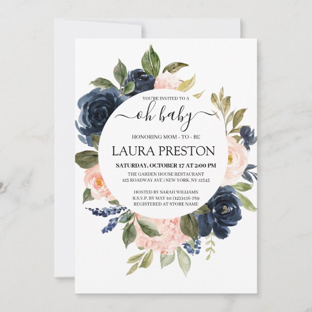 Invitation Oh Baby Navy et Blush Pink Script baby shower (Devant)