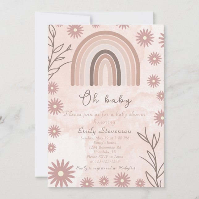 Invitation Oh Baby Neutral Baby shower arc-en-ciel Boho Flora (Devant)