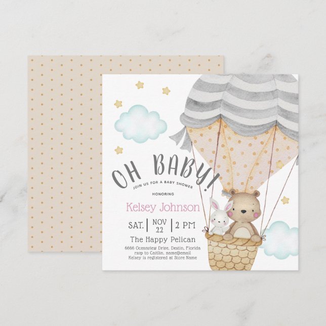Invitation Oh Baby Neutre Bois Teddy Baby shower Ours (Devant / Derrière)