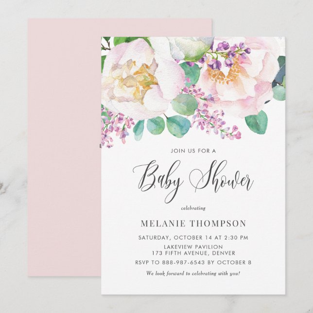 Invitation Oh Baby Peonies roses et Baby shower Eucalyptus (Devant / Derrière)