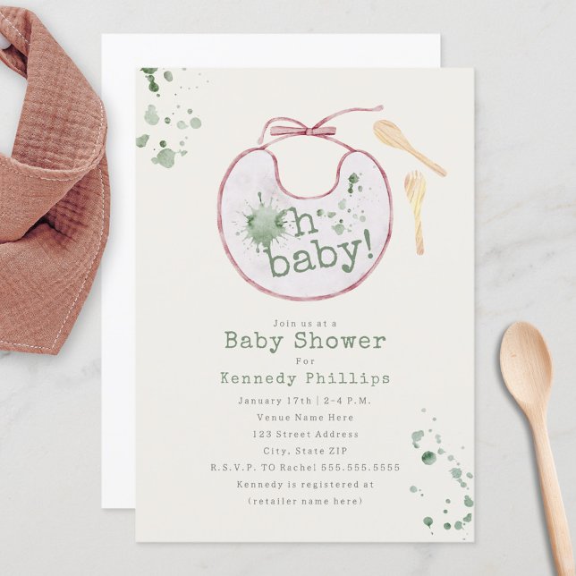 Invitation Oh Baby Pink Bib Vert Babyfood Girl Baby shower (Créateur téléchargé)