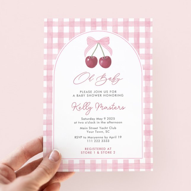 Invitation Oh Baby Pretty Rose Cerises Baby shower fille (She's the cherry on top! Pretty pink gingham & cherries baby shower invitation for girl with arch)