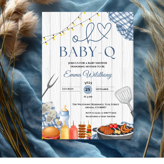 Invitation Oh Baby-Q Baby shower Garçon Rustique BBQ (bbq baby shower invitations blue gingham backyard plaid barbecue rustic country cute boy fun  babyq)