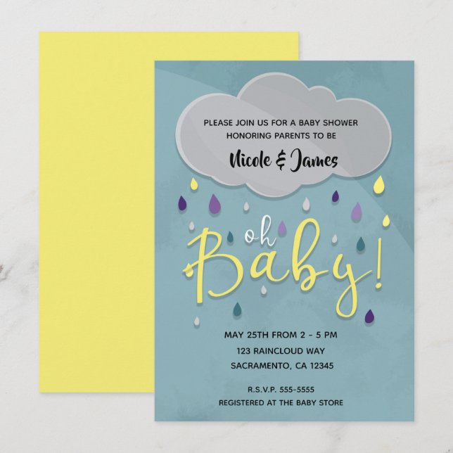 Invitation Oh Baby Rain Douche Nuage Météo Unisex Sprinkel (Devant / Derrière)