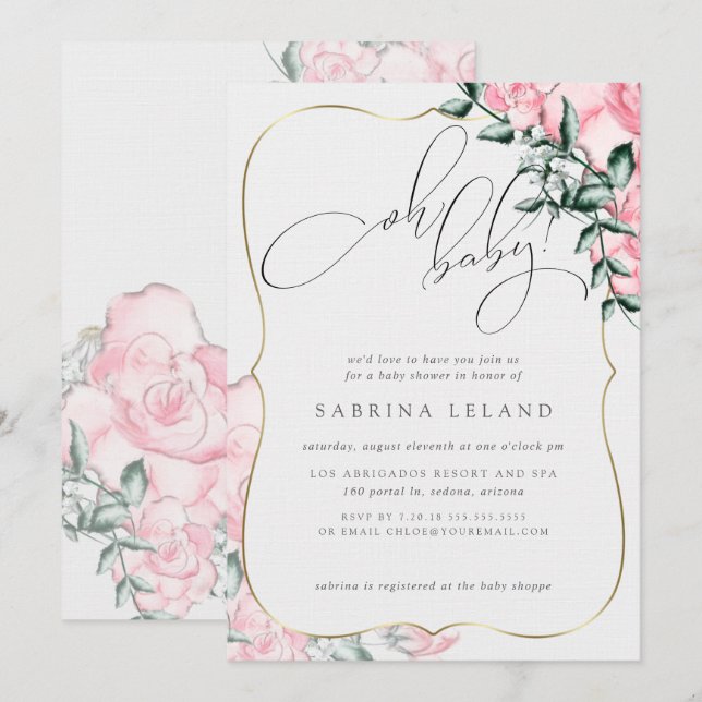 Invitation Oh Baby Rose Baby shower (Devant / Derrière)