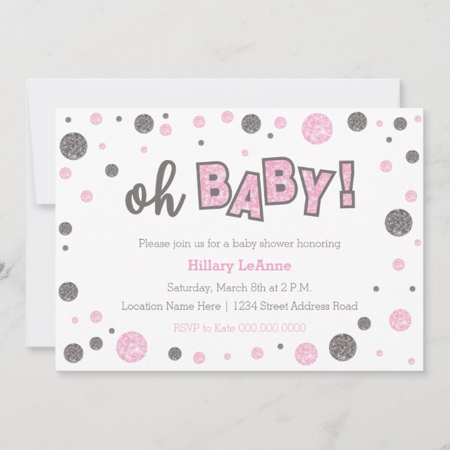 Invitation oh Baby rose et gris parties scintillant invitatio (Devant)