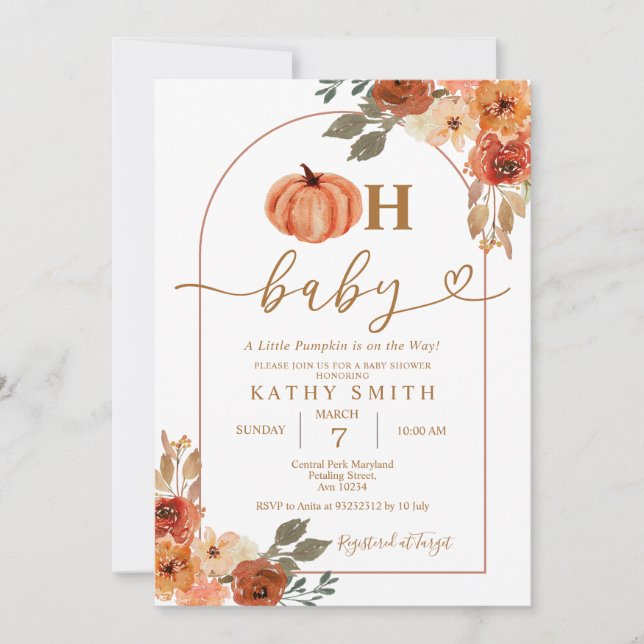 Invitation Oh Baby Rustic Boho Floral Citrouille Baby shower (Devant)