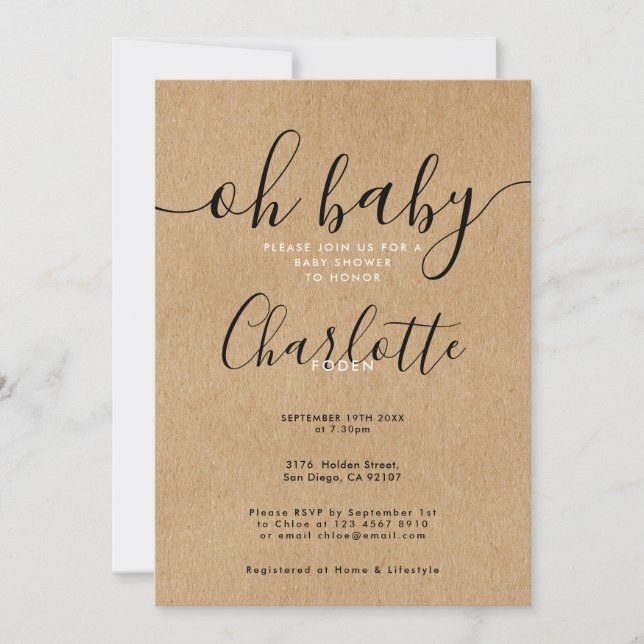 Invitation Oh Baby Rustic Kraft Baby shower / Saupoudrer (Devant)