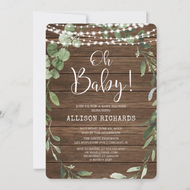 Invitation Oh Baby Rustic lumières baby shower de verdure (Devant)