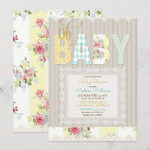 Invitation Oh Baby Rustic Wood Lace Jaune neutre Jaune