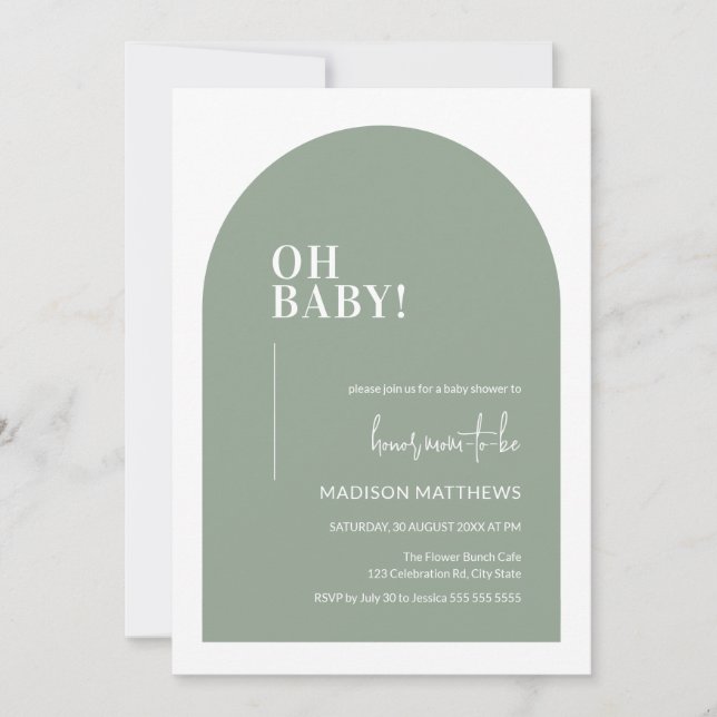 Invitation Oh Baby Sage Green Minimal Arch Baby shower (Devant)