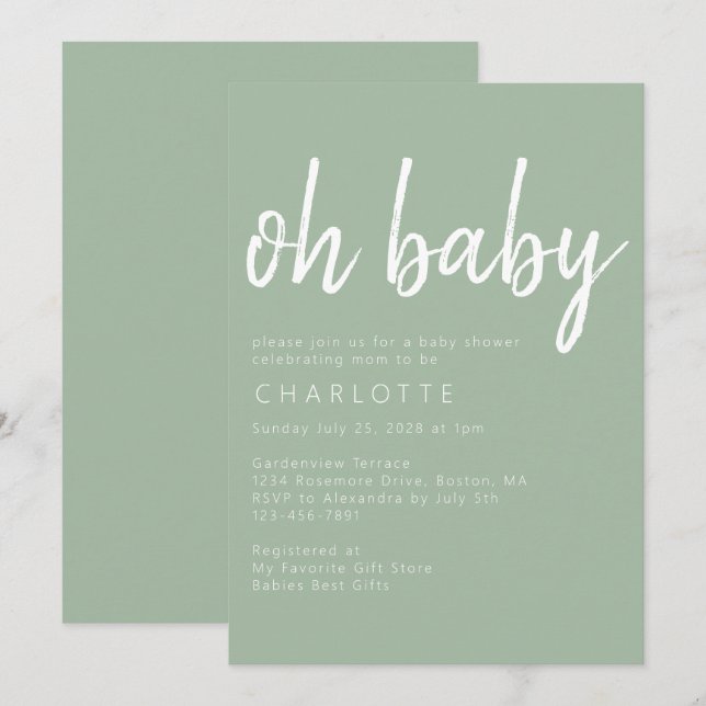 Invitation Oh Baby Sage Vert Sexe Baby shower neutre (Devant / Derrière)