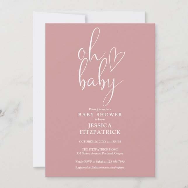 Invitation Oh Baby Script Dusty Rose rose Baby shower fille (Devant)
