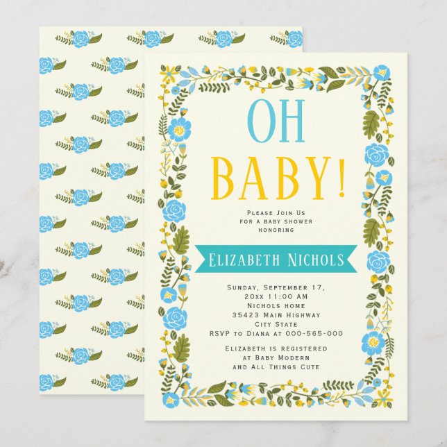 Invitation Oh Baby shower aqua et bordure fleurie jaune (Devant / Derrière)
