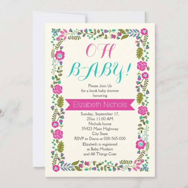 Invitation Oh Baby shower aqua et frontière florale rose (Devant)