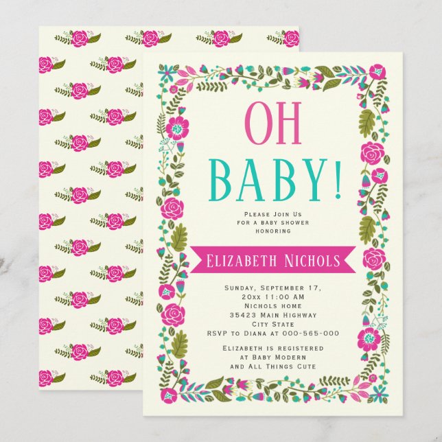 Invitation Oh Baby shower aqua, frontière florale moderne ros (Devant / Derrière)