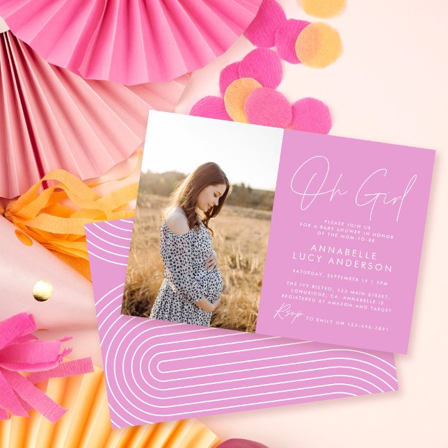 Invitation oh baby shower fille rose vif élégant photo (Créateur téléchargé)